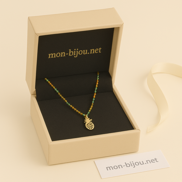 Collier Perles Multicolores & Ananas Doré